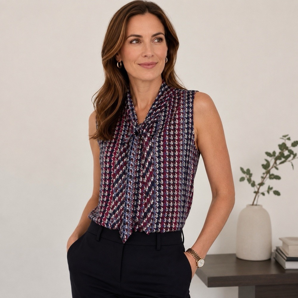 Tahari Levine Career Top Tie Neck Womens Medium Multi Houndstooth Sleeveless